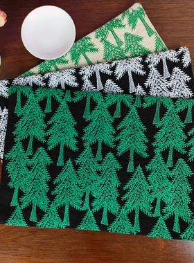 手工制作棉麻刺绣松树图案茶席自然风格茶道垫高级感可水洗茶台垫