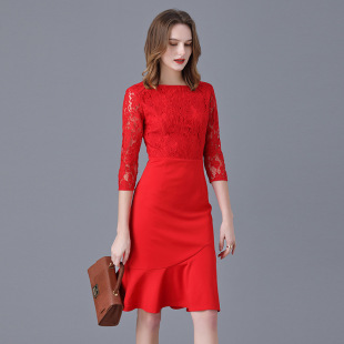 200斤大码新款春秋装宴会小礼服鱼尾蕾丝连衣裙圆领七分袖中长裙