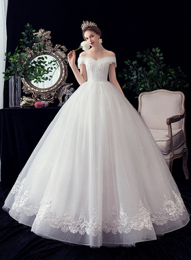 250斤夏季跨境外贸高端奢华婚纱US20W新娘新款一字肩蕾丝大码礼服