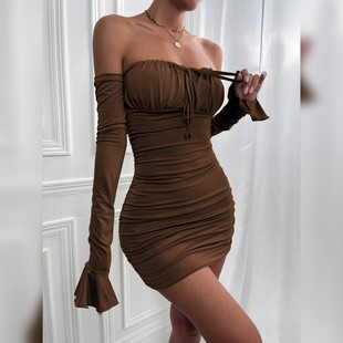 跨境女装喇叭袖秋冬热销长袖连衣裙XS欧美性感裹胸系带一字领短裙