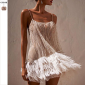 跨境夏新款 欧美礼服性感派对短裙3XL分层流苏网纱珠片吊带连衣裙