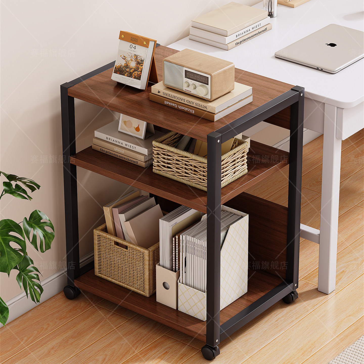 小型书架落地书桌旁置物架多层收纳储物架可移动带轮架子简易书柜