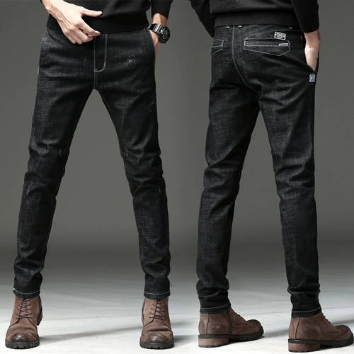 Эластичные джинсы, черные демисезонные штаны для отдыха, осенние, свободный прямой крой
