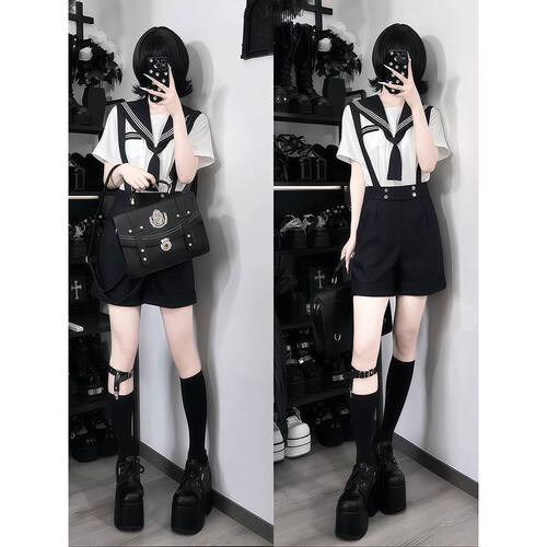 ZK黑襟制服 暗黑校供海军翻领衬衣+高腰背带短裤套装小个子夏季女