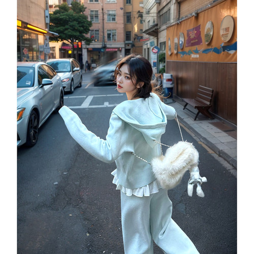 ZK韩系休闲运动风套装女春季新款小个子短款连帽卫衣长裤两件套