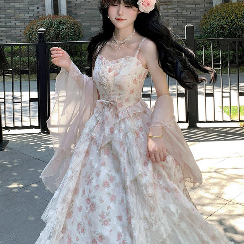 ZK温柔甜美高级感碎花显瘦仙女蕾丝吊带连衣裙子开衫两件套装夏季