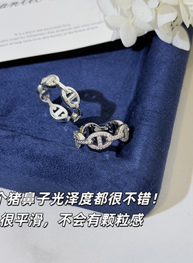 高版猪鼻戒指满钻经典款实心素圈纯银不掉色猪鼻子高级感情侣对戒
