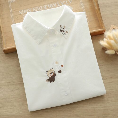 可爱文艺小清新卡通刺绣纯棉衬衫