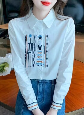 春秋新款刺绣纯棉长袖衬衫女设计感小众民族风气质百搭衬衣白上衣