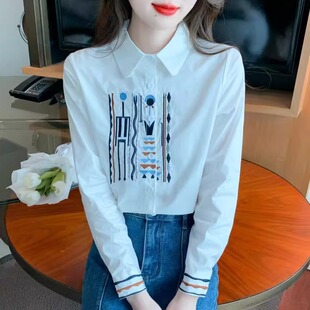 春秋新款刺绣纯棉长袖衬衫女设计感小众民族风气质百搭衬衣白上衣