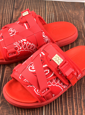 visvim cantq christo夏季新款大红色腰果花厚底真皮防臭一字拖男