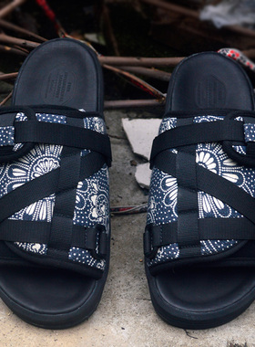 visvim cantq23SS黑蓝古布拼接真皮防臭陈冠希拖鞋厚底复古一字拖