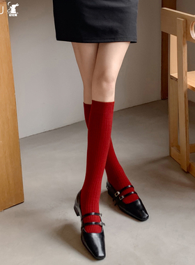安可拉红色羊绒过膝袜子女秋冬竖坑条显瘦小腿袜本命年大红堆堆袜