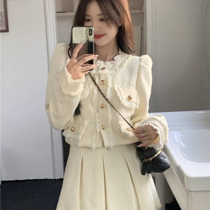 韩剧小香风套装裙女春秋季新款千金气质名媛高级感茶系穿搭两件套