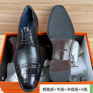 42码男鞋夏季男士高端商务正装皮鞋男鳄鱼皮配牛皮透气半皮底男鞋