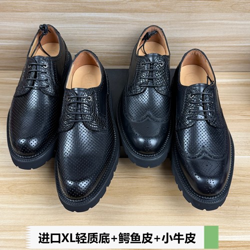 夏季镂空商务皮鞋牛皮鳄鱼XL底厚底德比鞋休闲圆头雕花布洛克男鞋