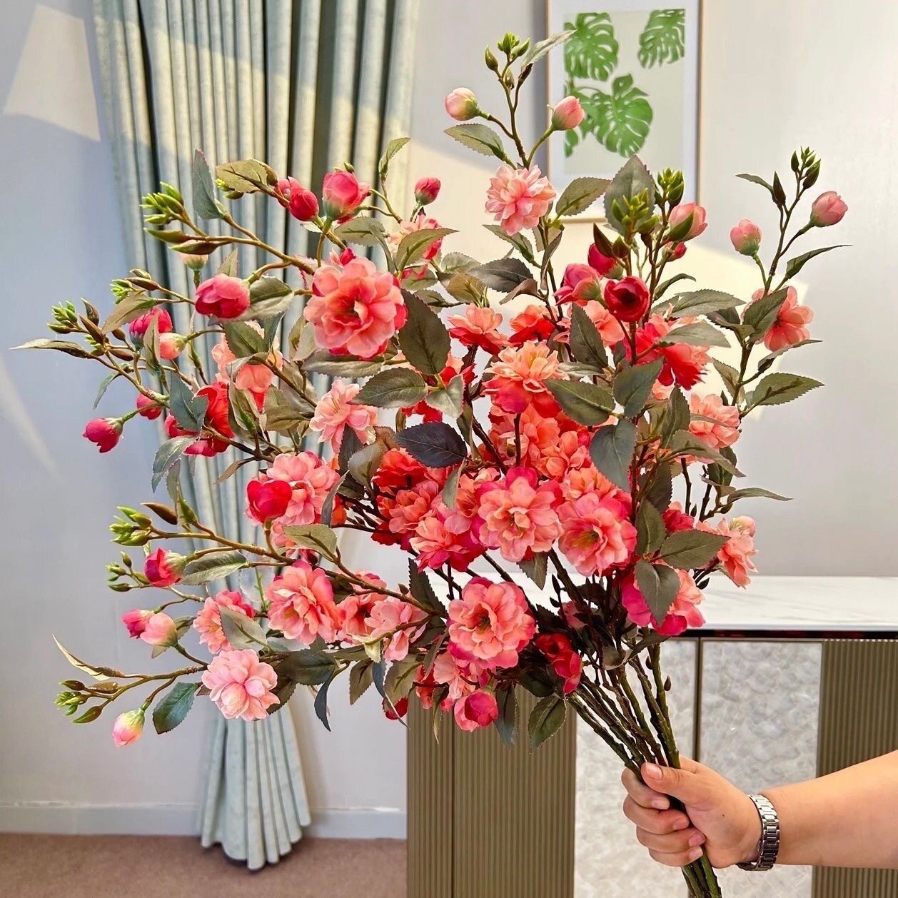 仿真花山茶花高端中式假花绢花桃花客厅时尚装饰摆件家居玄关花艺