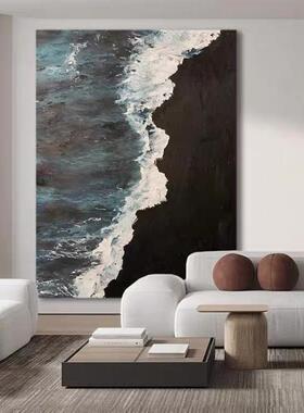 纯手绘肌理油画夜间大海黑色沙滩抽象轻奢客厅落地装饰画玄关挂画