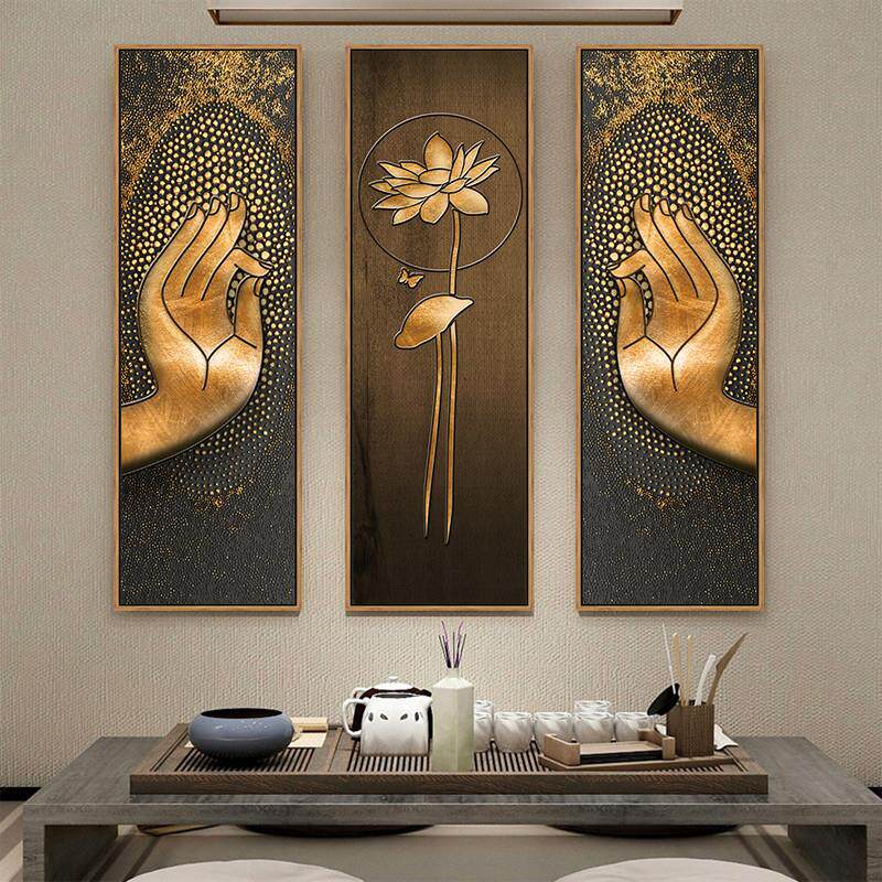 新中式佛手莲花画佛系挂画禅意装饰画长条竖版茶室壁画客厅三联画