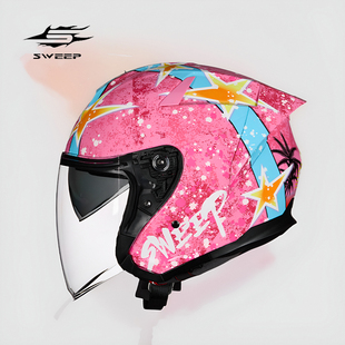 SWEEP摩托车头盔碳纤维半盔女个性双镜片四分之三盔男四季通用S6