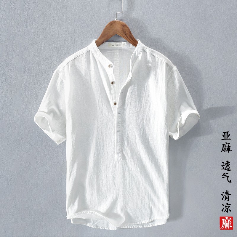 夏季立领日系冰丝亚麻短袖t恤男宽松棉麻高级感轻奢体恤polo衬衫