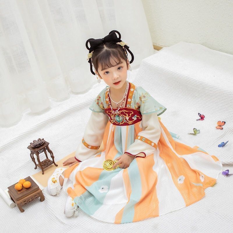 儿童汉服女瑶瑶夏季古装仙女裙公主裙齐胸襦裙长袖连衣裙学生日常