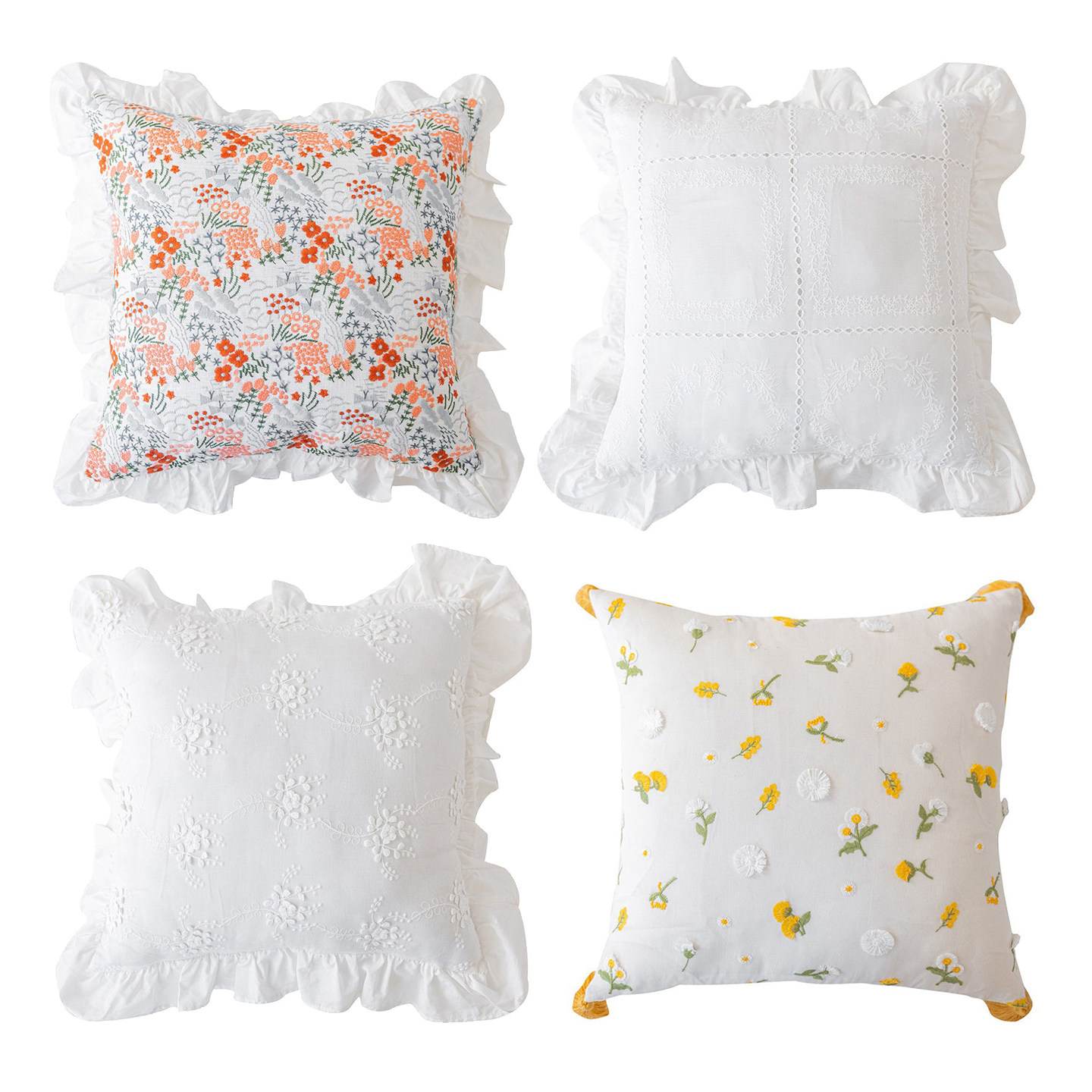 北欧田园荷叶边刺绣抱枕套法式靠枕卧室客厅沙发纯棉绣花清新靠包