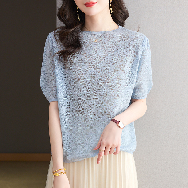 提花冰丝短袖t恤女2025年夏季新款妈妈装上衣宽松泡泡袖针织小衫