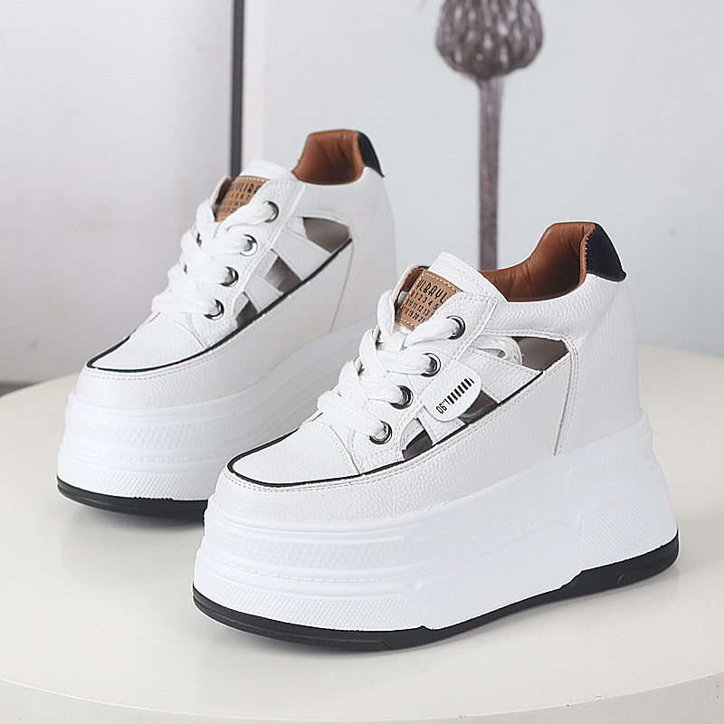 镂空透气厚底松糕小白鞋夏季新款小个子超高跟内增高12CM洞洞凉鞋