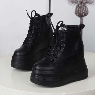 女单鞋 秋冬厚底显瘦皮面小白鞋 超高跟内增高13CM小个子高帮休闲鞋