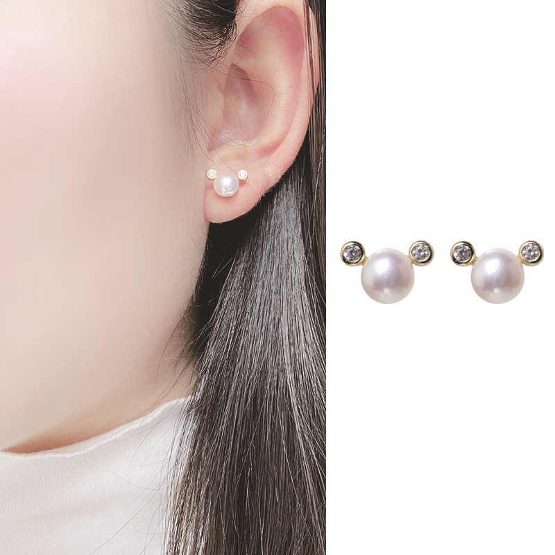 MIKIMOTO/御木本简约可爱米老鼠头耳钉镶锆石S925银淡水珍珠耳饰