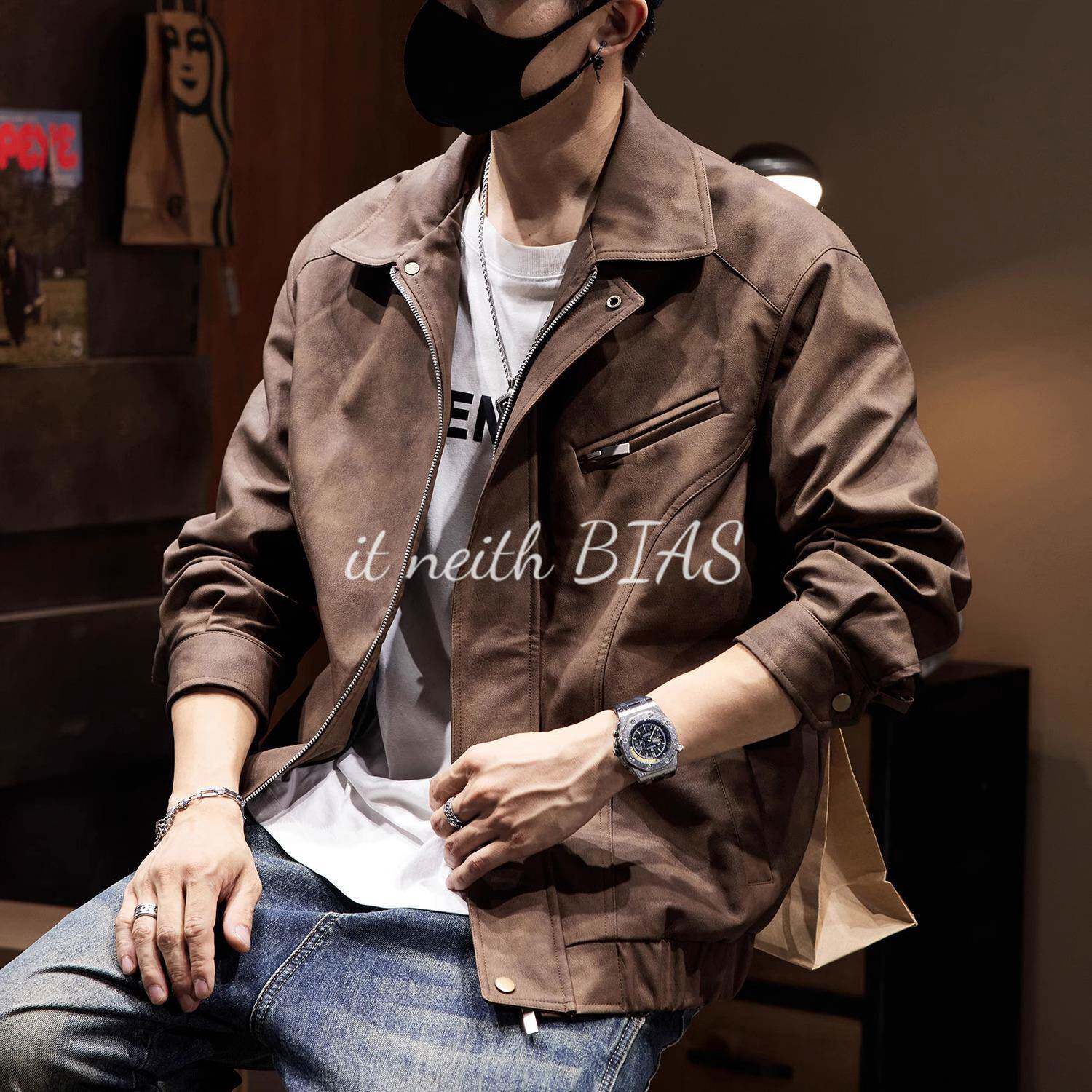 it neith BIAS美式复古蜡染工装皮衣夹克男士秋季新款机车风外套