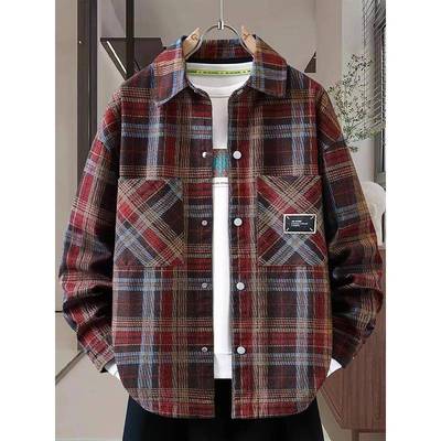 潮牌格子牛仔外套男2025秋季新款衬衫式男士夹克翻领休闲宽松上衣