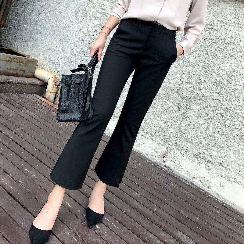 SPYB黑色垂感微喇叭裤女九分春秋八分休闲微喇西装加绒直筒长裤子