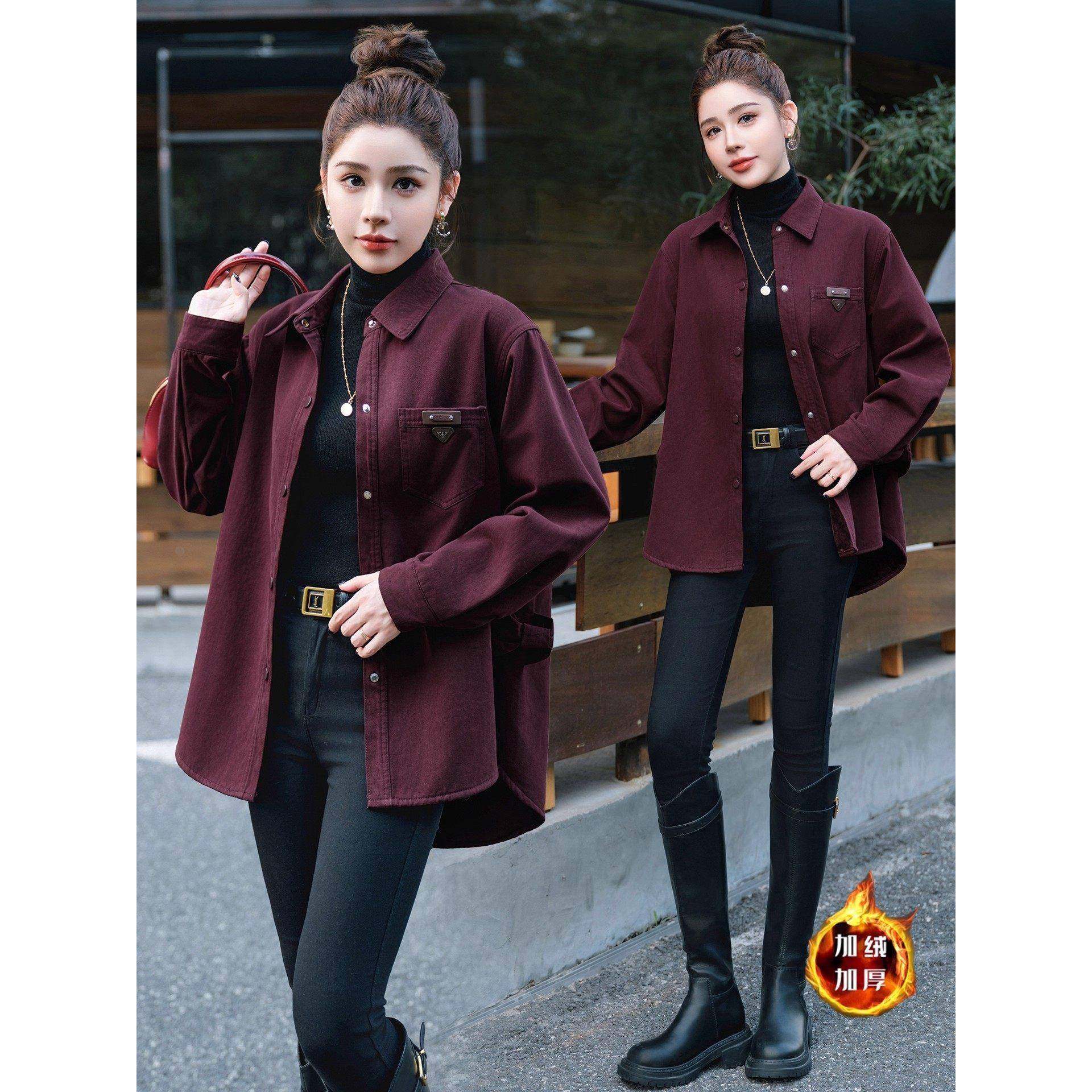 香港代购时髦加绒加厚衬衫外套女冬季新款洋气宽松显瘦保暖上衣潮