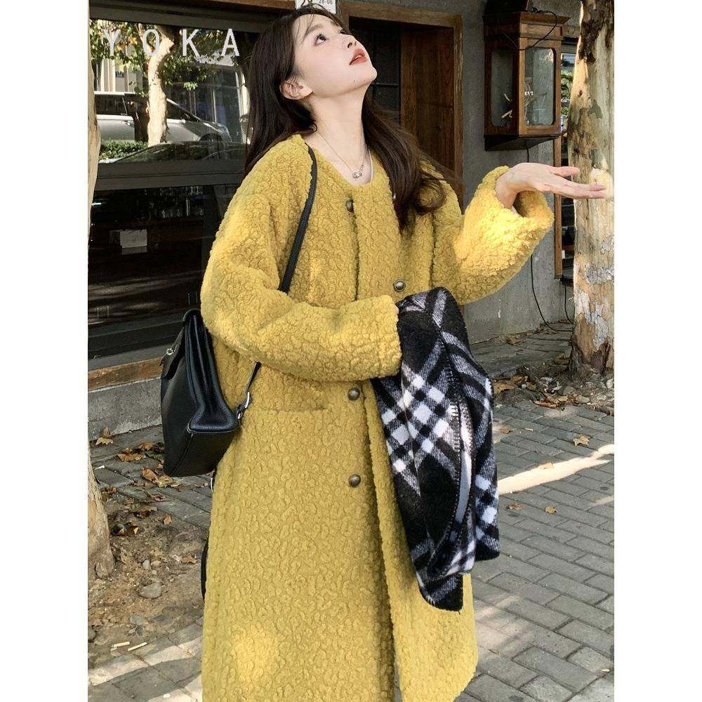 黄色羊羔毛外套女冬季2025新款高级感加厚保暖皮毛一体中长款棉服,女装/女士精品,短外套,淘宝优惠券,粉丝福利购,淘宝优惠卷