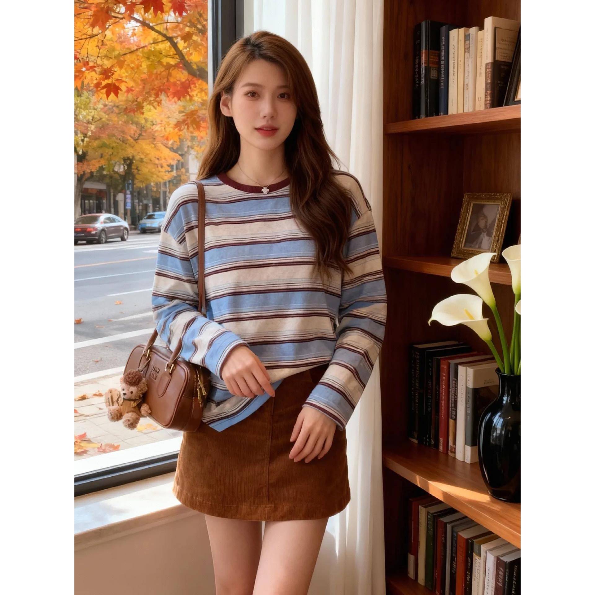 韩系氛围感条纹长袖T恤女春秋新款宽松洋气时尚休闲内搭打底上衣