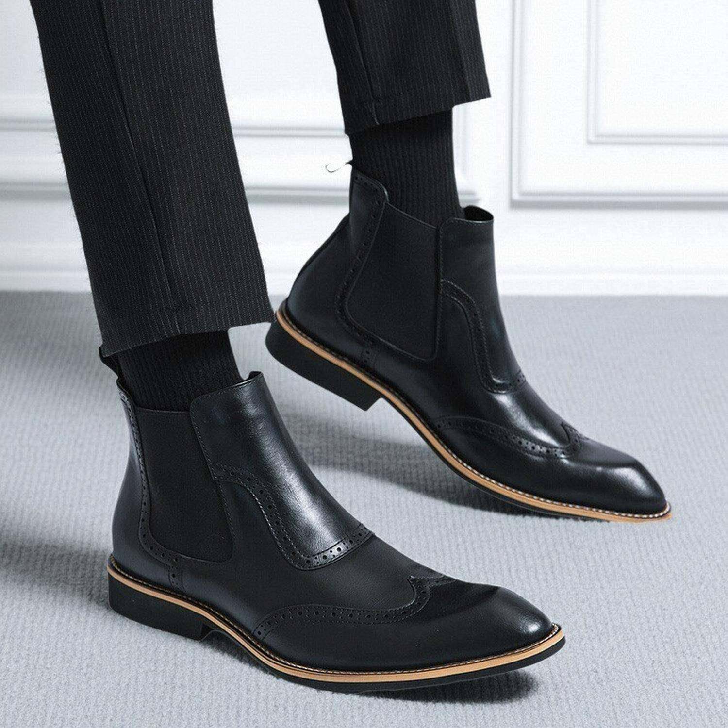 潮流切尔西靴高帮时尚马丁靴秋冬新款真皮男鞋透气英伦风尖头短靴