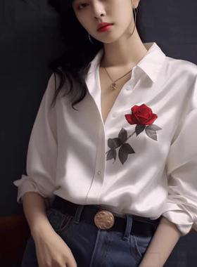 白色印花醋酸缎面真丝衬衫女高级感轻奢名媛上衣别致长袖冰丝衬衣