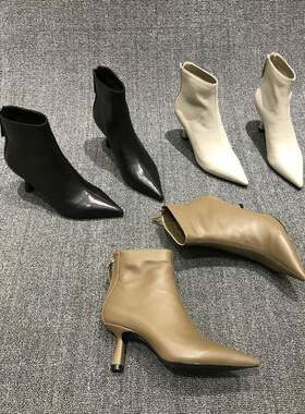 香港尖头短靴女秋冬2025年新款真皮细跟后拉炼性感高跟时尚及裸靴