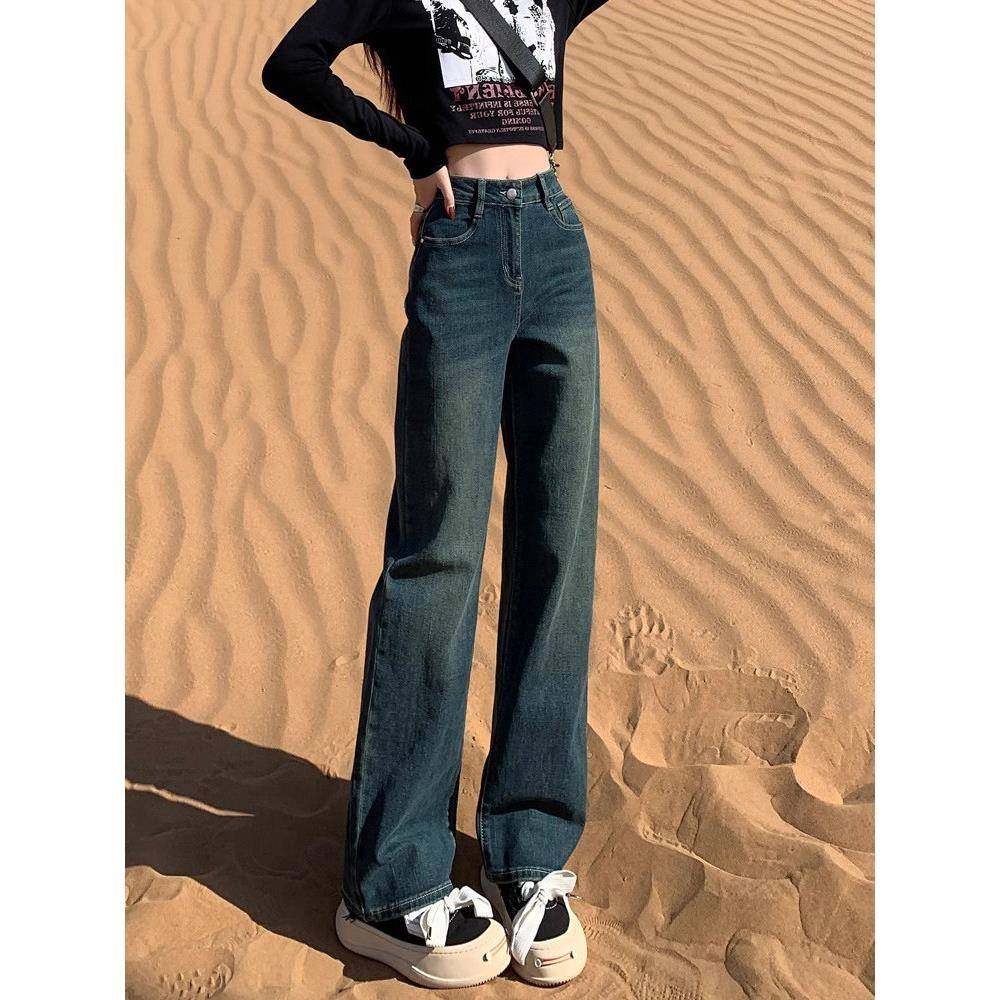 水泥灰直筒牛仔裤女2025春秋新款高腰垂感小个子窄版阔腿拖地裤子