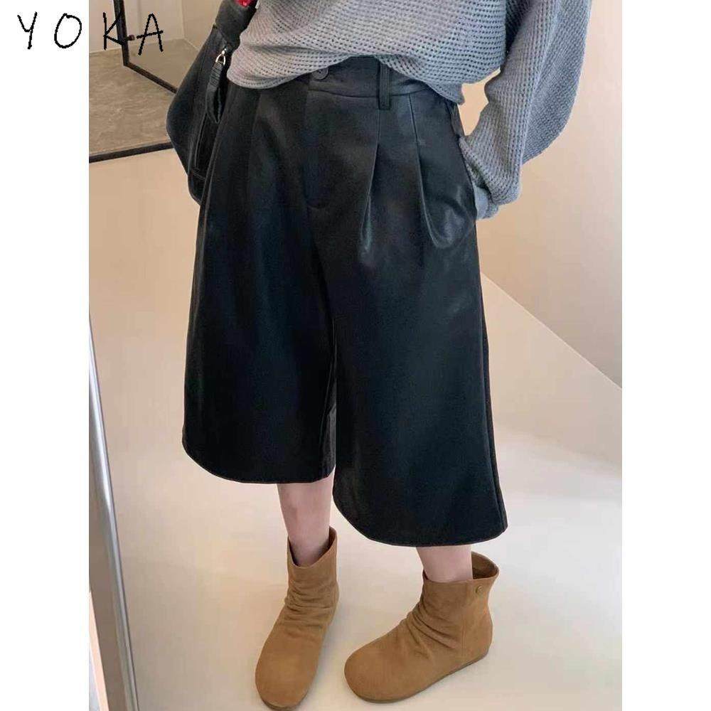 黑色皮裤女士2025秋冬新款高级感复古高腰阔腿裤休闲宽松七分裤子,女装/女士精品,皮裤,淘宝优惠券,粉丝福利购,淘宝优惠卷