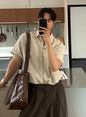Upscale潮人 老钱风亚麻面料短袖衬衫男士夏季薄款透气高级感衬衣