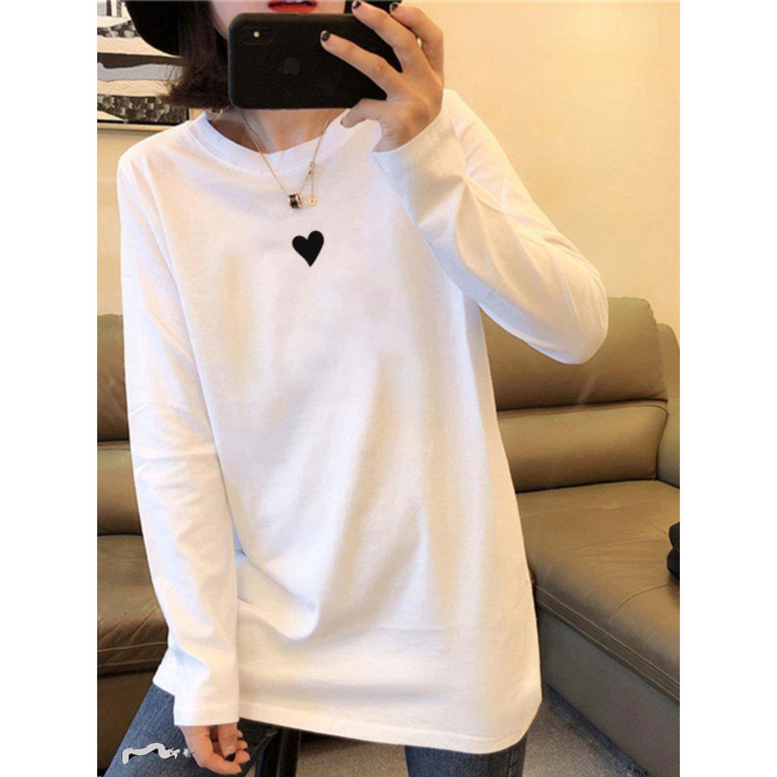 韩国秋装白色纯棉长袖爱心T恤女宽松大码内搭上衣叠穿打底衫体恤