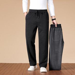 香港秋冬新款加绒通勤风系绳休闲裤男宽松直筒长裤百搭黑色裤子