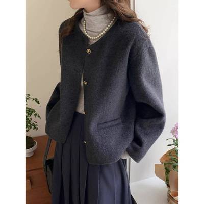 LEADINGLAD 灰黑色宽松双面羊绒外套女短款小香风韩系羊毛呢大衣