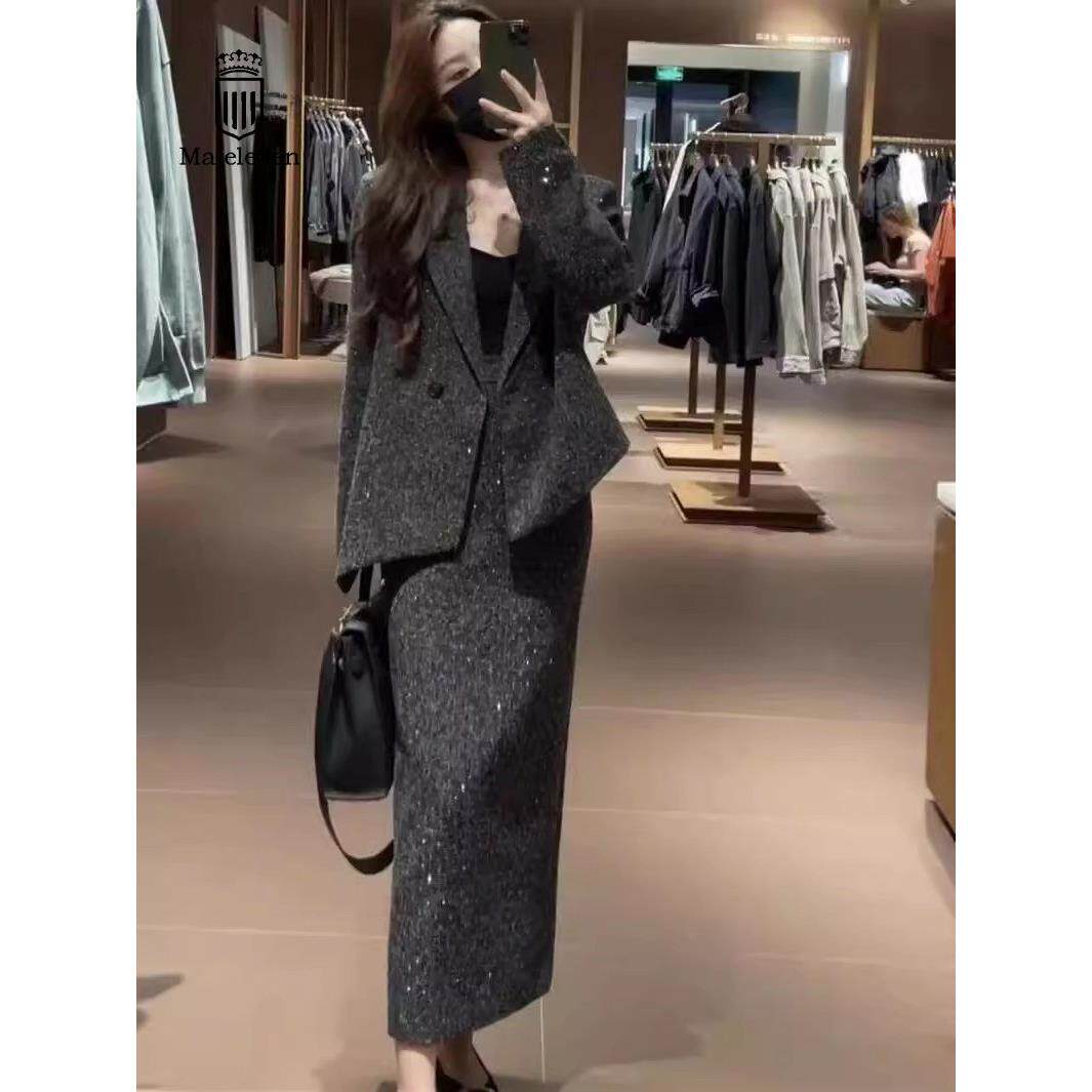 专柜正品2025年秋季新款西装外套女搭高腰显瘦开叉半身裙两件套潮