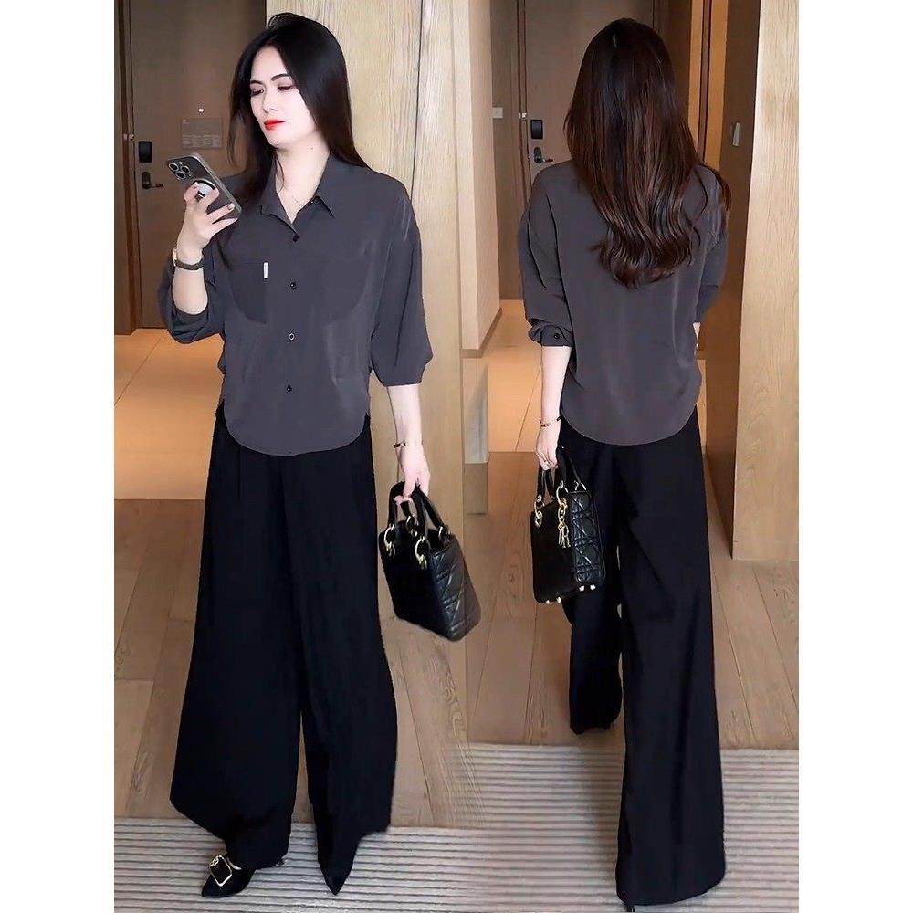 香港代购时尚套装女秋季新款宽松显瘦长袖衬衫阔腿裤休闲两件套潮
