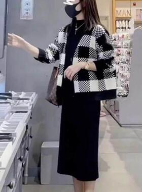 欧洲站秋季2024新款女覆古港风高级感套装黑色针织洋装子两件套