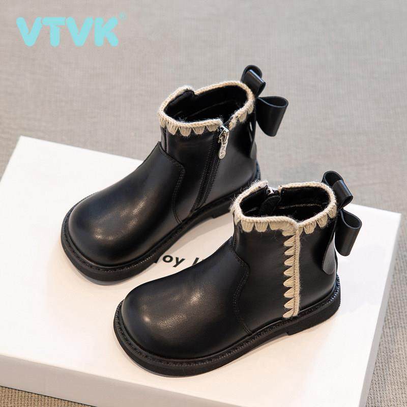 VTVK真皮女童公主马丁短靴2025新款秋冬儿童加绒小皮靴英伦风棉靴